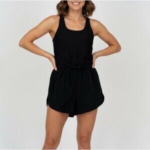 Fabletics Women's Drawstring Waist Romper Open Back Black Size Large